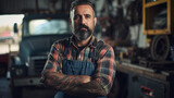 Portrait of a truck repair shop owner with arms crossed.