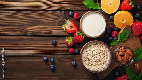 Healthy breakfast table scene with fruit yogurts oat orange background