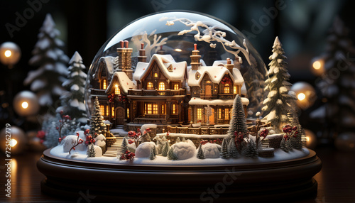 Winter night celebration illuminated Christmas tree, snow, and decorations generated by AI © Stockgiu