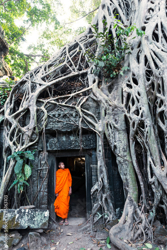 Buddhist monk at famous temple with tree root on old stone ruins, Ta Prohm, Angkor Wat, Cambodia photo