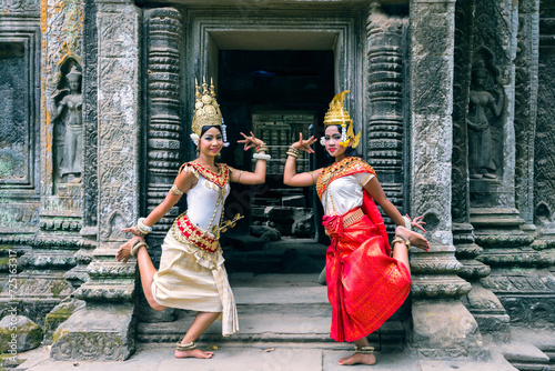Two khmer Apsara dancers, Angkor temples, Cambodia photo