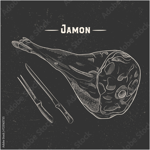 Spanish jamon top view frame. Spanish jamon set, knife and fork. Food menu design template food menu design template. Vintage hand drawn sketch vector illustration. Engraved image