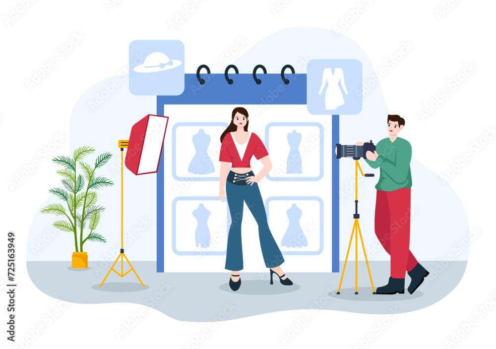 Model Portfolio Vector Illustration with Modeling Agency Manager and Photographer take Photos of Model in Platform Flat Cartoon Background Design