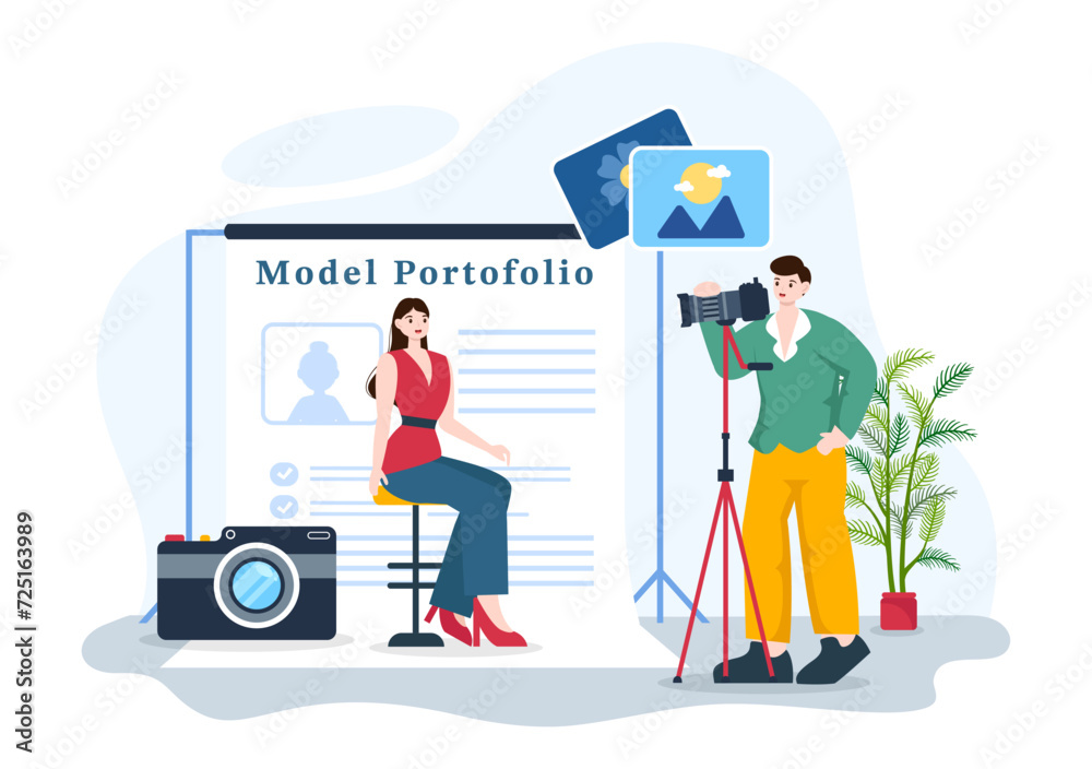 Model Portfolio Vector Illustration with Modeling Agency Manager and Photographer take Photos of Model in Platform Flat Cartoon Background Design