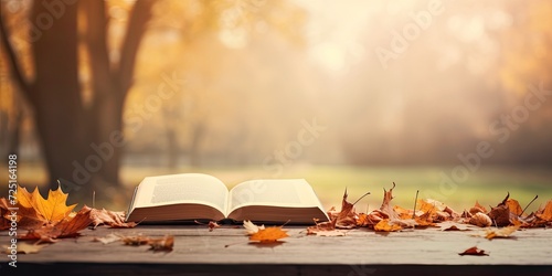 Autumn leaves falling on wooden table, open book in park with space to copy. photo