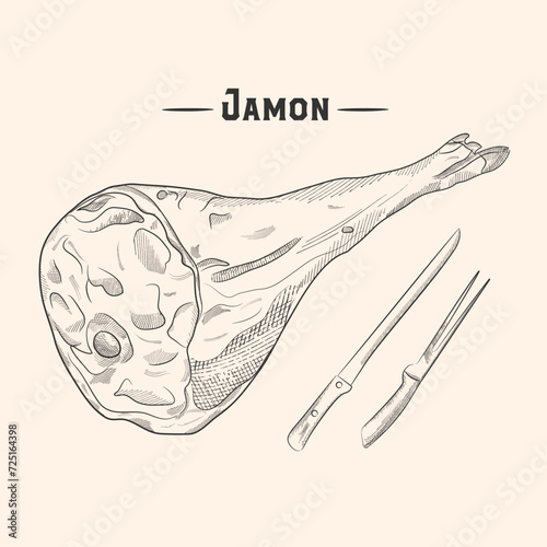 Parma ham vector drawing. Hand drawn hamon meat illustration. Italian prosciutto or jamon vintage sketch. Engraved food object. Butcher shop product. Great for label, restaurant menu. photo