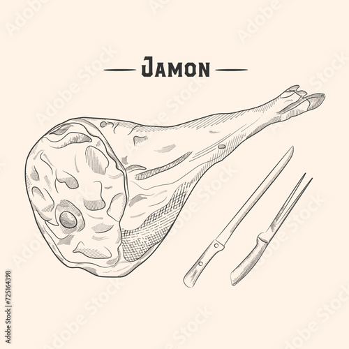 Parma ham vector drawing. Hand drawn hamon meat illustration. Italian prosciutto or jamon vintage sketch. Engraved food object. Butcher shop product. Great for label, restaurant menu.