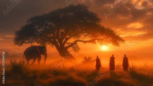 Thai monks walking in the rice fields at sunrise in Thailand with mist an fog and Elephants in the meadow