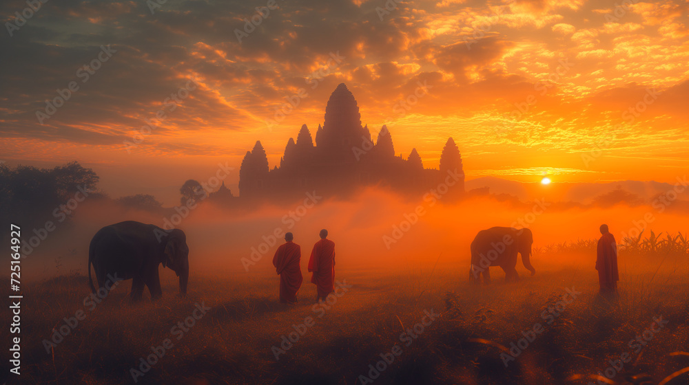 Thai monks walking in the rice fields at sunrise in Thailand with mist an fog and Elephants and a budhist temple