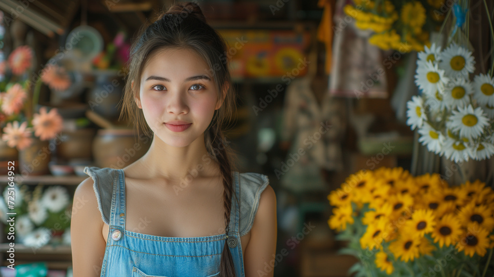Asian woman in front of a flower a shop,Startup, small business, eco restaurant outdoor and modern rustic flower shop. Smiling millennial beautiful female 