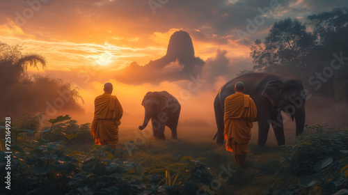 Thai monks walking in the rice fields at sunrise in Thailand with mist an fog and Elephants,sunrise over the mountains