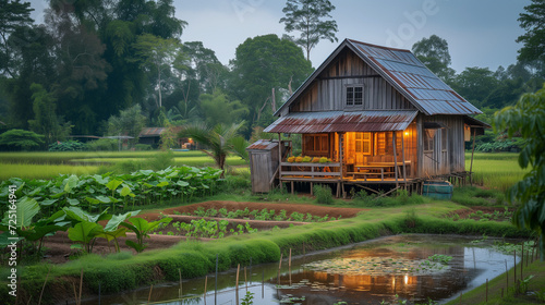 old farm house,small wooden farm house There is a vegetable pond and kitchen garden. Evening view of rural Thai province