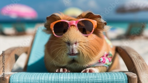 A guinea pig wearing glasses laying on a lounge chair in the sun at a resort on vacation, in what could be a social media post image.  © Elle Arden 