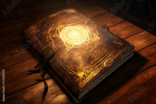 Ancient magic book on a wooden table background. Spellbook