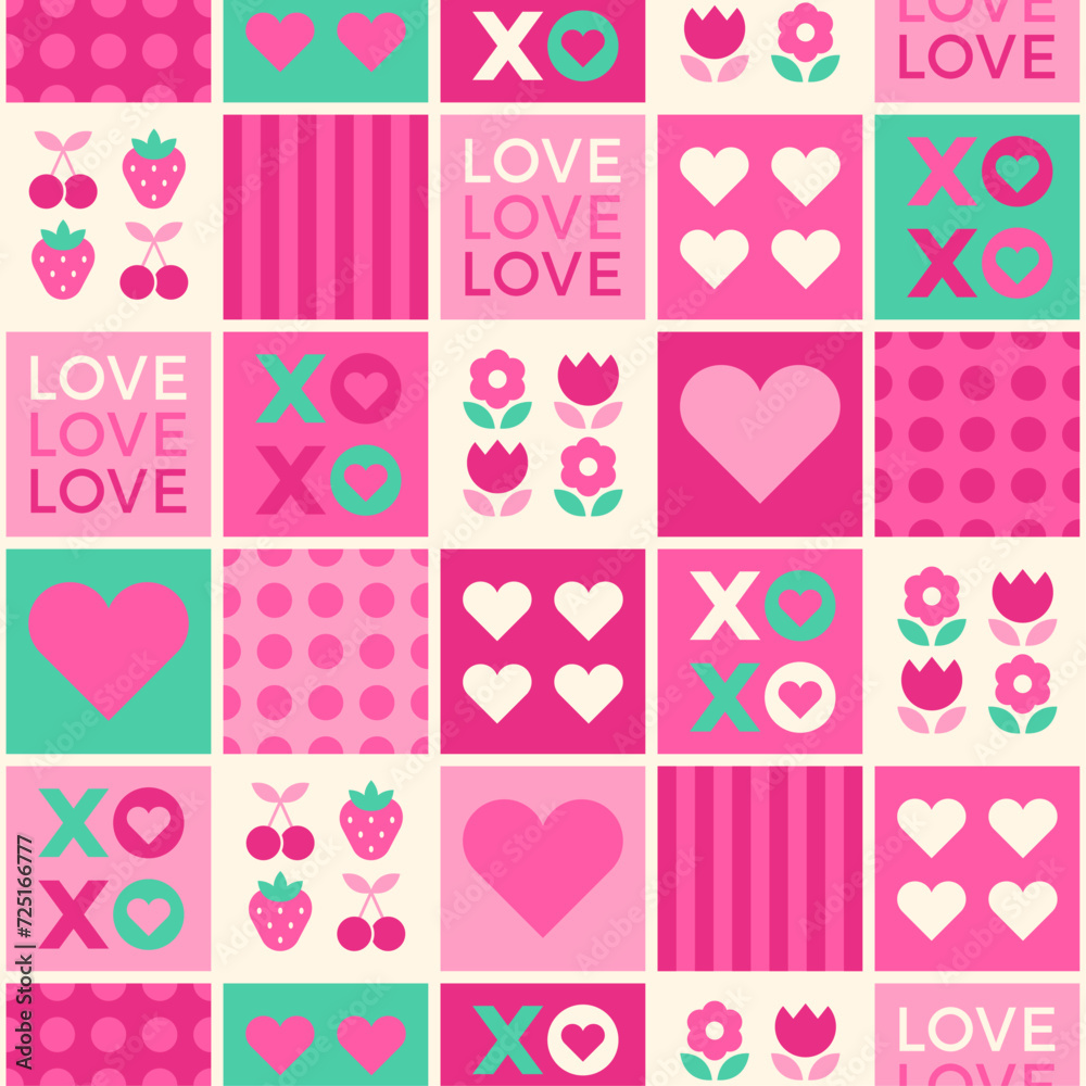 Geometric cute love symbols with seamless square pattern for valentine’s day.
