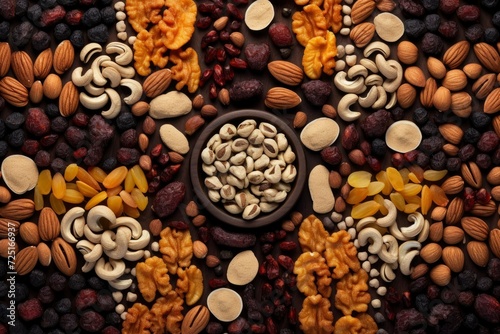 Natural background made from different kinds of nuts. Assortment of nuts in bowls.