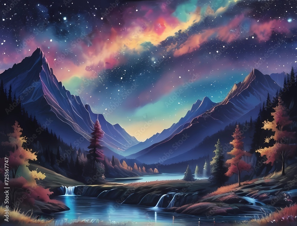 七色オーロラと星空の自然風景壁紙背景