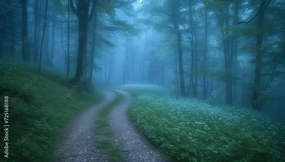 Obraz premium A serene pathway through a misty forest glade, illuminated by morning light, creating a magical atmosphere.