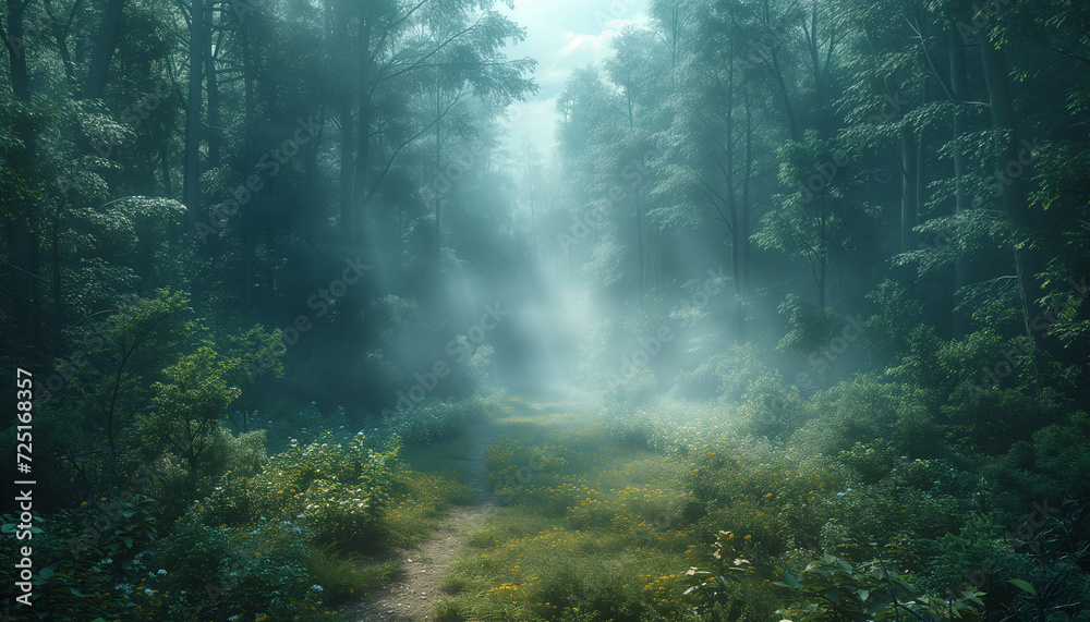 Fototapeta premium A serene pathway through a misty forest glade, illuminated by morning light, creating a magical atmosphere.