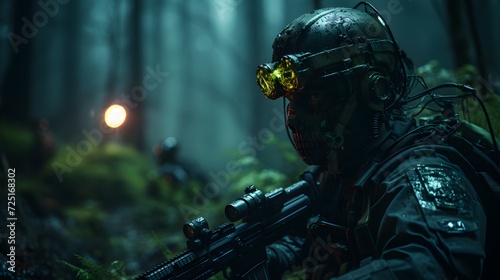 special forces military man with night vision goggles in a leafy forest © Pablo
