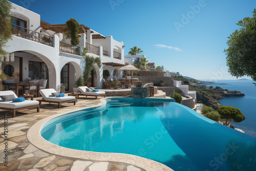 Traditional mediterranean white house with pool on hill with stunning sea view. Summer vacation background. © pritsadee