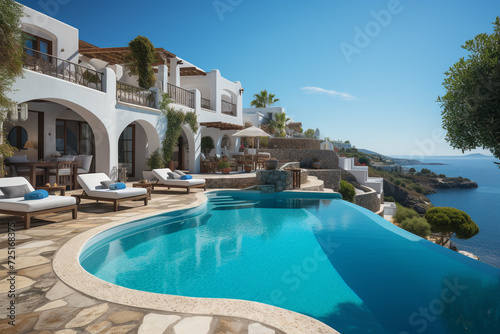 Traditional mediterranean white house with pool on hill with stunning sea view. Summer vacation background.