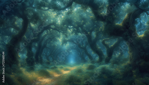 A serene pathway through a misty forest glade  illuminated by morning light  creating a magical atmosphere.