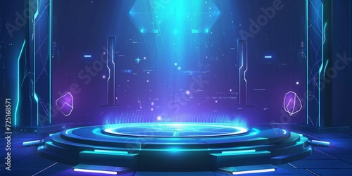 Abstract podium futuristic background with neon lights. Futuristic technology concept. Circle portals, teleport, hologram gadget. Sky-fi digital hi-tech elements for presentation photo