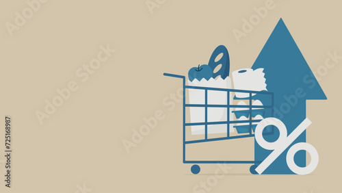 Shopping cart with groceries and daily necessities and upward arrow and percentage. photo