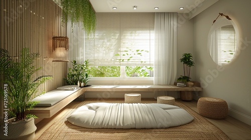 A room designed for holistic wellness therapies in a cosmetology office, with a peaceful, natural ambiance.
