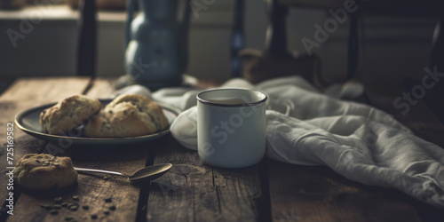 coffee cup and scone sitting on a wooden table, generative AI photo