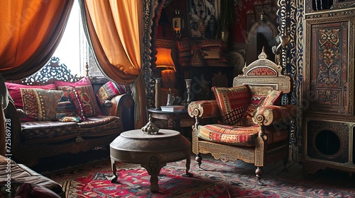 An exotic Moroccan style chair in a richly decorated salon.