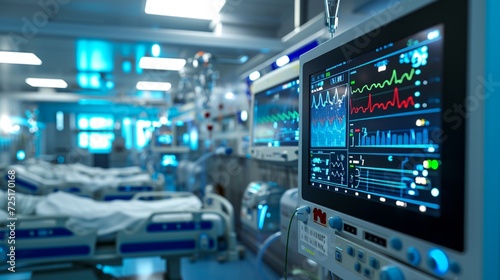 An image showcasing a centralized monitoring station in an ICU, with screens displaying vital signs from multiple patients.