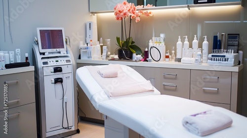 An image of a treatment room in a cosmetology office, equipped with the latest skincare and beauty technology. © muhammad