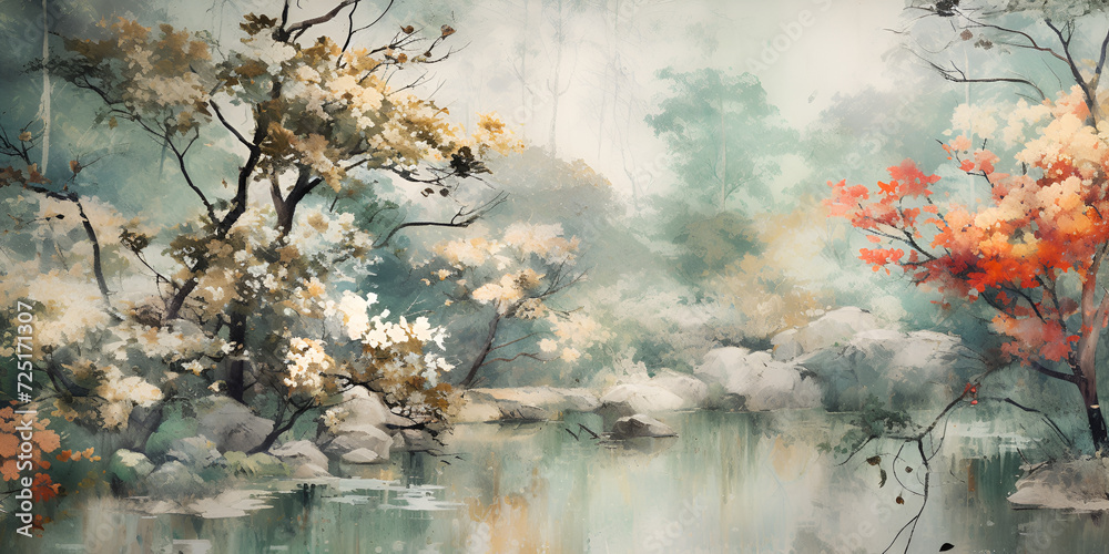 The reflection of a tranquil Japanese cherry blossom, 
A watercolor look painting with main colors of orange sienna and blue tones,  - obrazy, fototapety, plakaty 