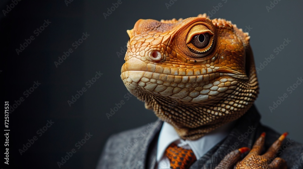 An illustration of a reptilian dressed as a businessman. Top business reptilian with suit and tie. Reptilian lizard concept in company power.