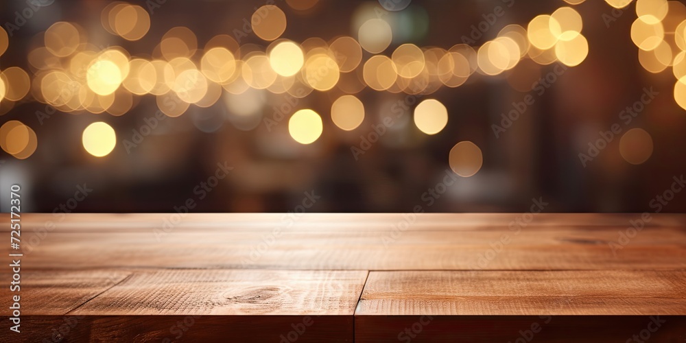 Blurry background of a wooden table in a restaurant, with bokeh lights. Mockup banner template for showcasing products. Suitable for food business presentations or as a desktop backdrop.