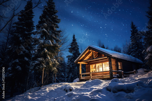 Enchanting Solitude: A Serene Winter Night in a Snow-covered Christmas Cabin nestled amidst a Majestic Pine Forest © SHOTPRIME STUDIO