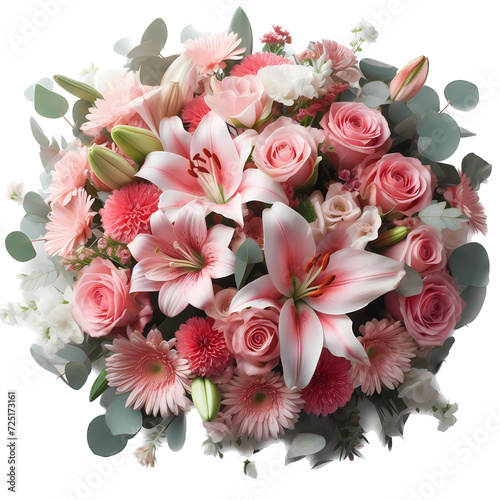 pink lily and rose bouquet, flower arrangement, transparent background , isolate, wedding