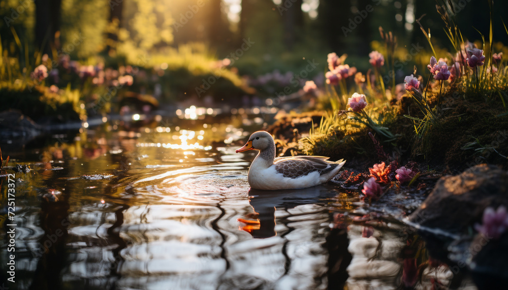 Mallard duck in tranquil pond, surrounded by nature beauty generated by AI