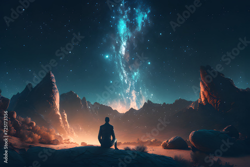 man watching the stars at night, vast sky, generative ai	
