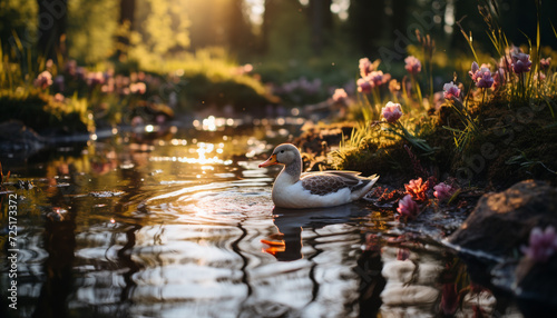 Mallard duck in tranquil pond, surrounded by nature beauty generated by AI © Stockgiu
