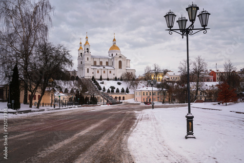 View of the Holy Spirit Monastery and the Holy Dormition Cathedral on the Assumption Mountain on a winter day from Pushkin Street, Vitebsk, Belarus