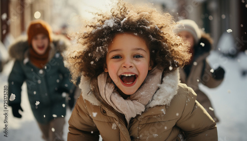 Smiling girls playing in snow, enjoying winter cheerful beauty generated by AI