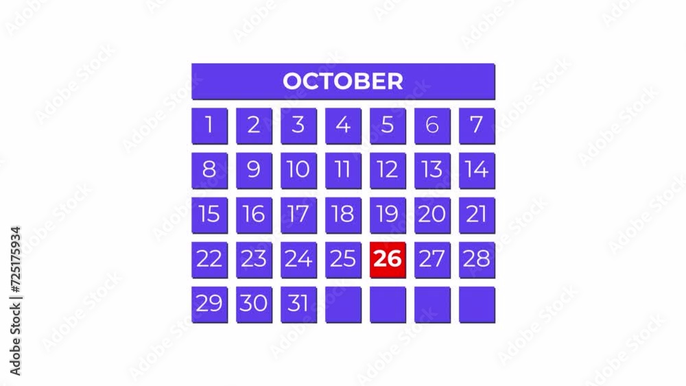 26th October calendar icon animation. Alpha matte with transparent background 4K resolution. 26th October calendar icon animation. Alpha matte with transparent background 4K resolution.