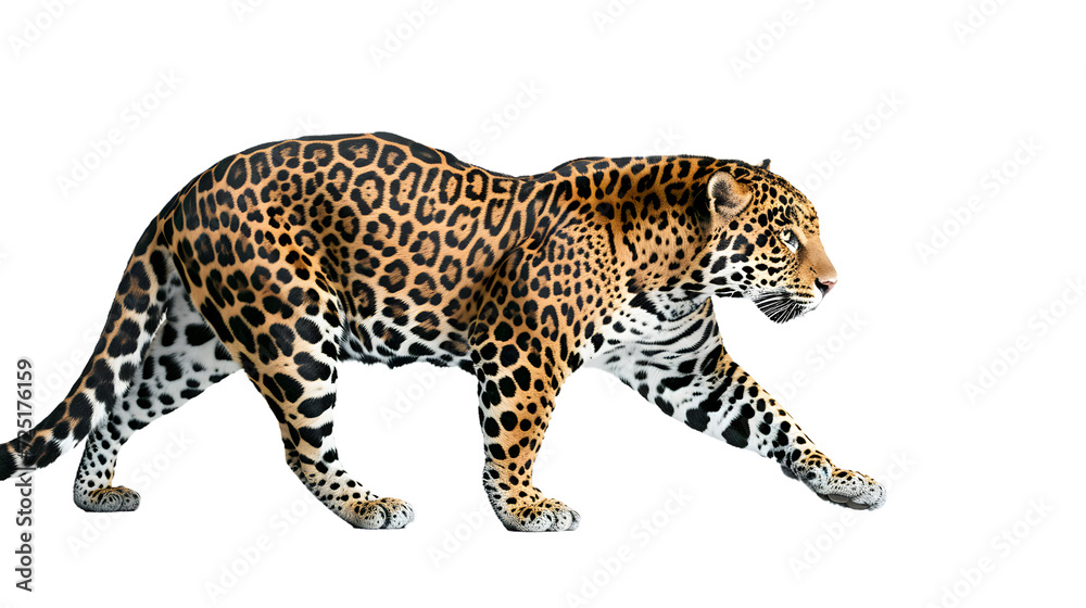Majestic Leopard Walking Against White Background Majestic Leopard Walking Against White Background