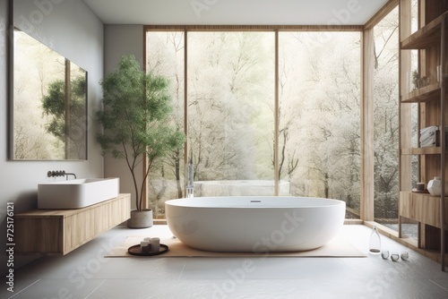 a bathtub in the centre of the space  in front of a sizable window