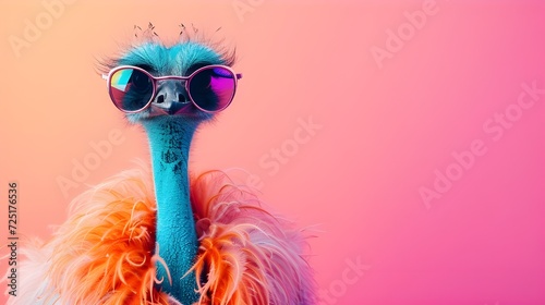 Creative animal concept. emu bird,vibrant bright fashionable outfits isolated on solid background advertisement with copy space. birthday party invite invitation banner photo
