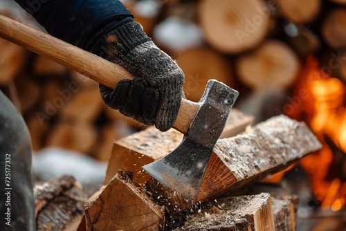Closeup shot action of a hand holding an axe cutting into a firewood - Generative AI