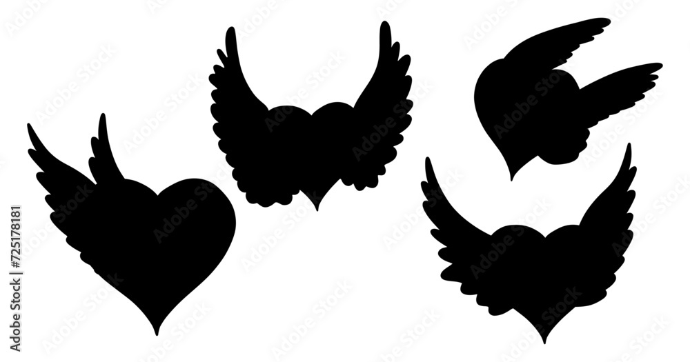 Winging Hearts Silhouette. Valentine day collection. Hand drawn cartoon cute flying heart elements in retro vintage style. Angel heart with wings. Black Cupid Love Valentine’s Day vector illustration - obrazy, fototapety, plakaty 